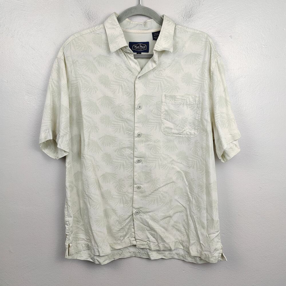Nat Nast Button Up Shirt Mens Large Cream Green Silk Cotton Blend‎ Camp Hawaiian